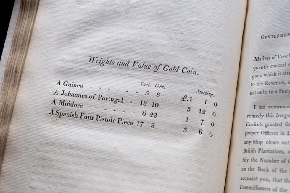 Photograph of historic document listing Weights and Value of Gold Coin